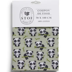Gifi Coupon tissu imprimé panda 70x100cm coton vert, noir et blanc