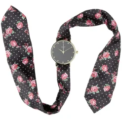 Online Gifi Montre bracelet tissu noir motif fleur rose à cadran rond