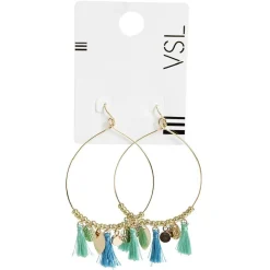 New Gifi Paire de boucles d'oreilles créoles métal doré pampille et pompon bleu et vert