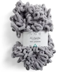 Gifi Pelote fil à tricoter 9m effet chenille polyester gris clair 100g