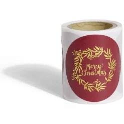Rouleau étiquette autocollante Merry Christmas couronne rouge et dorée Ø3cm x50*Gifi Discount