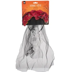 Serre-tête adulte Halloween voile calavera fleuri noir et rouge*Gifi Best