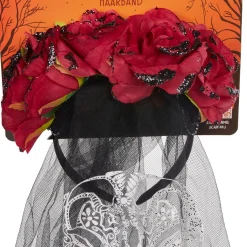 Serre-tête adulte Halloween voile calavera fleuri noir et rouge*Gifi Best